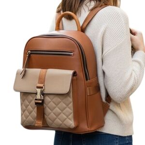 Brown and Khaki Large Square Backpack Purse
